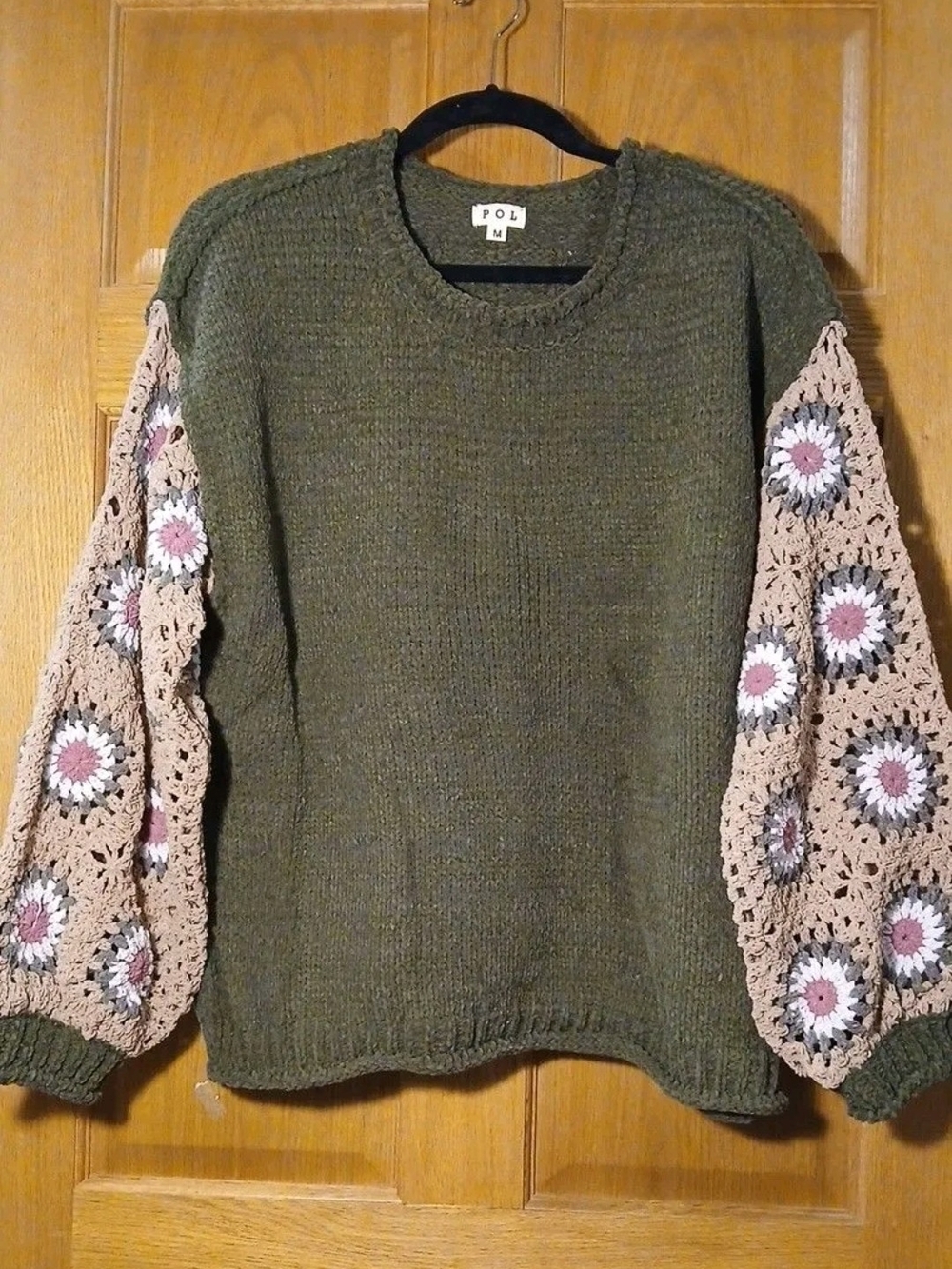 POL Olive Green Sweater with Crochet Granny Sqare Balloon Sleeves